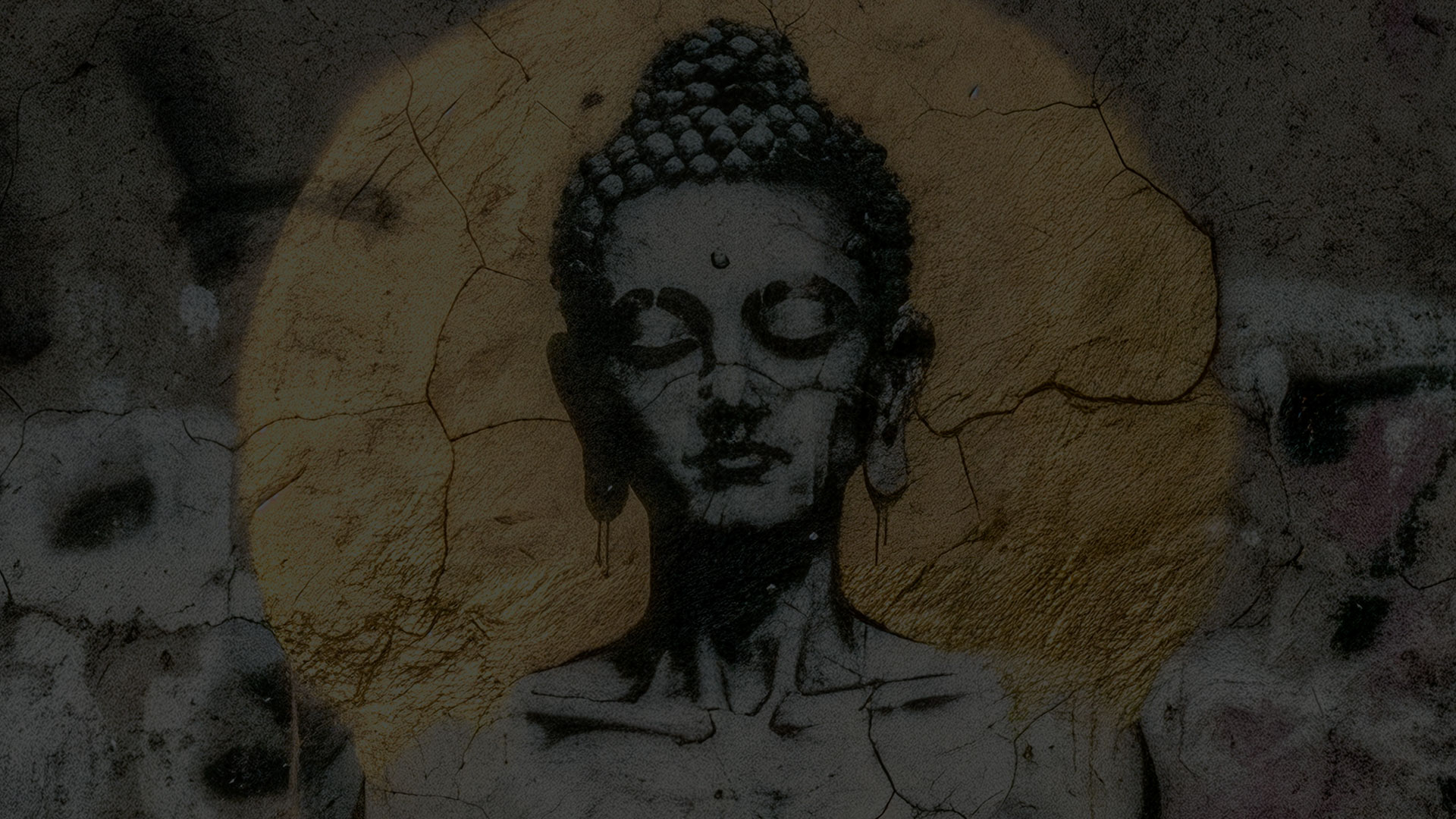 Close-up of a Buddha street-art mural on a cracked concrete wall with a muted gold halo.