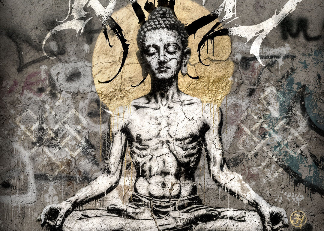 Close-up of JASE34 mural for the producer Ka:Jel: a meditating figure with closed eyes, gold halo and brush strokes on a cracked graffiti concrete wall.