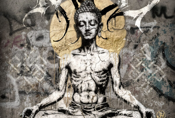 Close-up of JASE34 mural for the producer Ka:Jel: a meditating figure with closed eyes, gold halo and brush strokes on a cracked graffiti concrete wall.