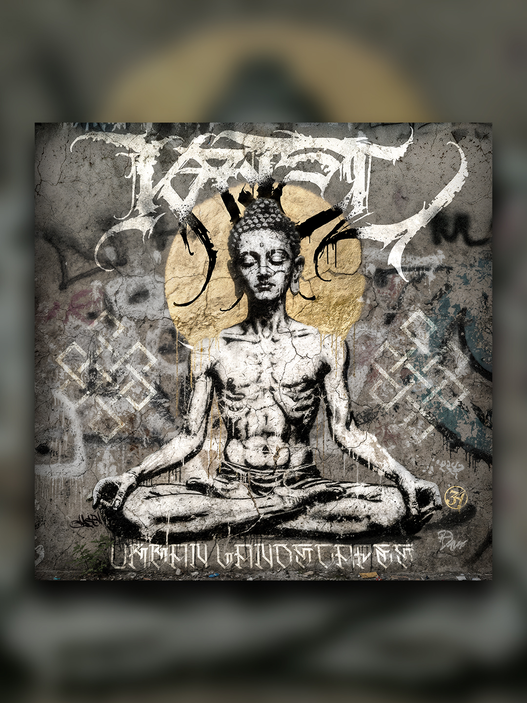 JASE34 street art artwork of a meditating Buddha-like figure in lotus pose on a cracked graffiti wall with cosmic, glowing textures. The image is the cover artwork for "Urban Landscapes", the new release of ambient producer Ka:Jel
