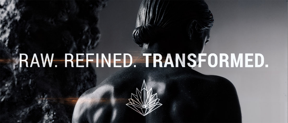 OBSIDIAN Premium Fitness campaign visual featuring an athlete, the Obsidian crystal emblem, and the claim “Raw. Refined. Transformed.”