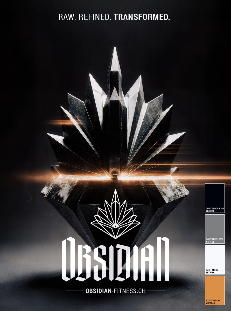 OBSIDIAN Premium Fitness brand poster featuring the Obsidian crystal, logo, brand claim, and official color palette.